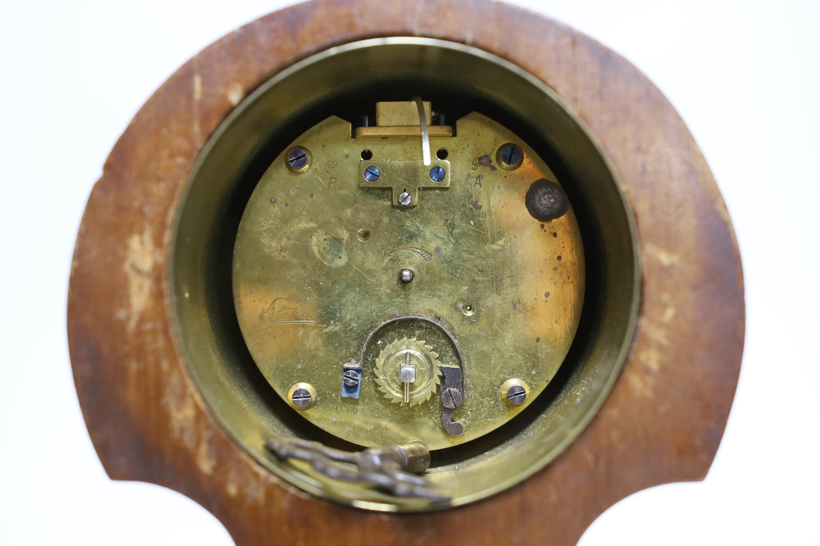 An Edwardian inlay mahogany timepiece, 26cms high